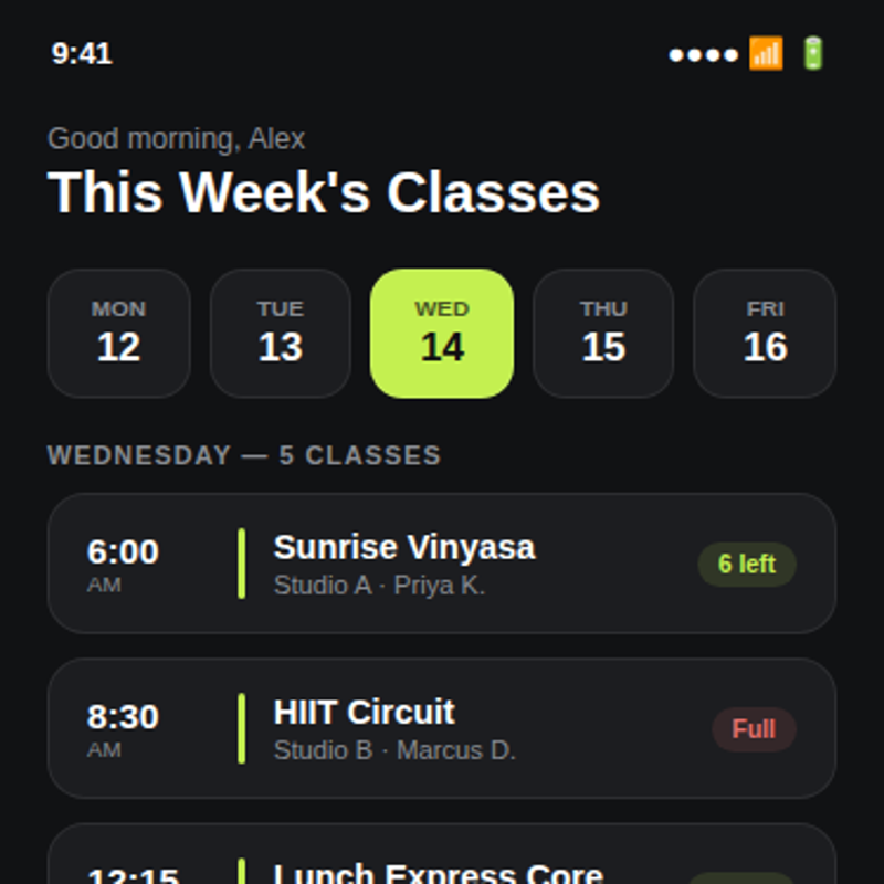 Fitness studio scheduling app concept
