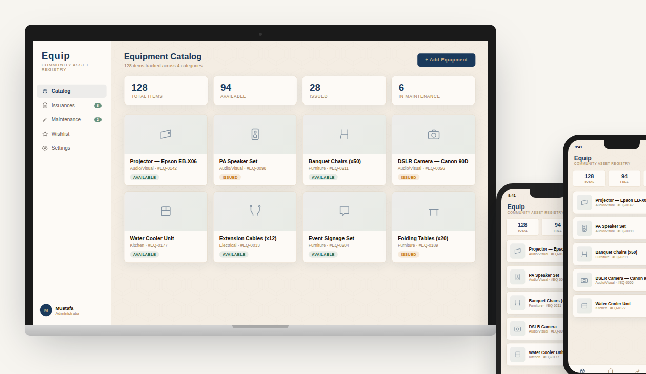 EQUIP asset tracking dashboard on laptop and mobile